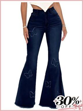 High Waisted Ripped Flare Bell Bottom Jeans Stretch Denim